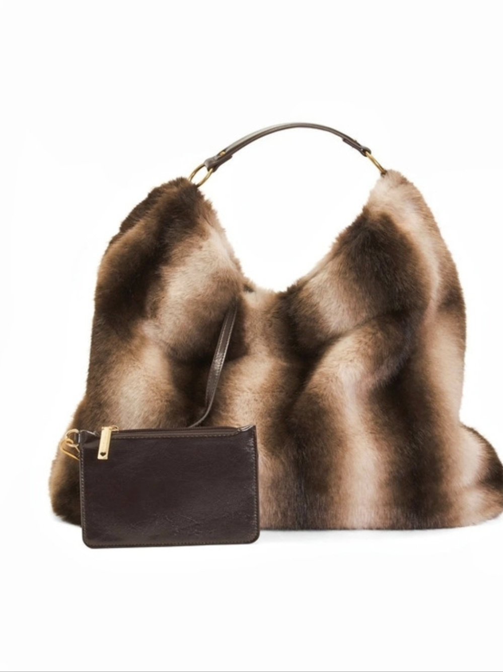 🤎▪️Betsey Johnson ▪️Striped Faux Fur Hobo Shoulder Bag with Pouch in Brown